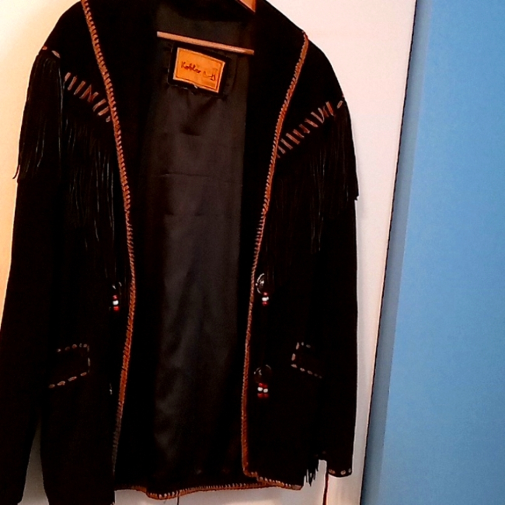 Kobler Black Womans Heavy Suede Jacket with Fringe and Brown Details Size Medium